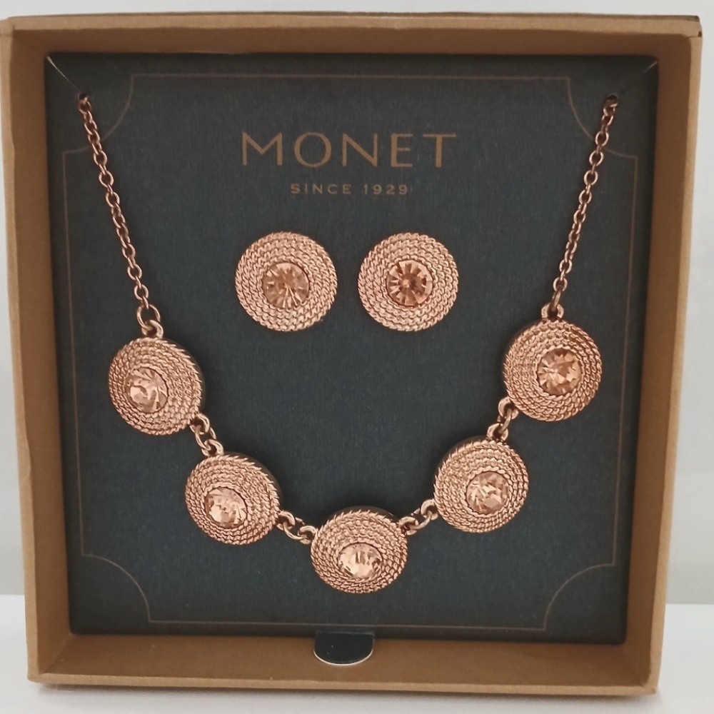 Monet Rose Gold Tone 3 Piece Box Set Necklace Earrings with Large Crystals